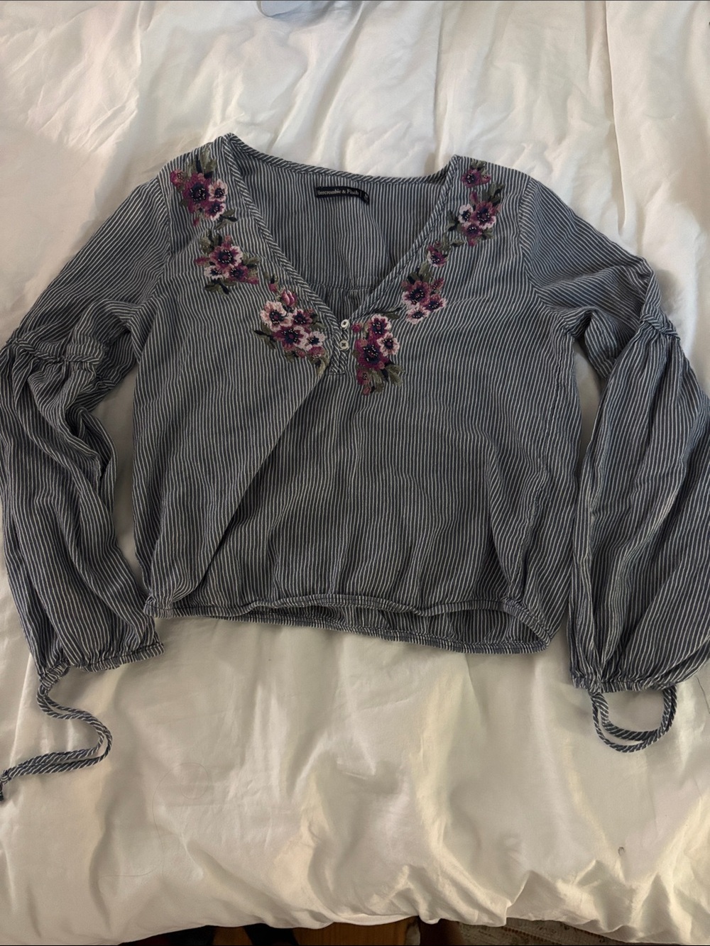 Abercrombie & Fitch Blue Striped V-Neck Blouse with Pink Floral Embroidery